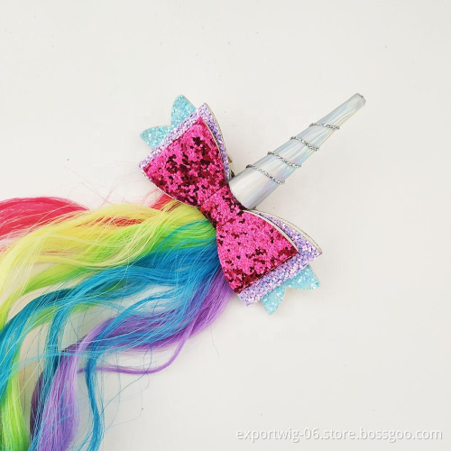 Kids Unicorn Rainbow New Design Hair Clip With Colorful Wave Synthetic Hair Extensions Wholesale Hair Accessories For Kid